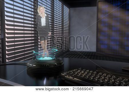 a holo projector projects a sympathetic business woman (3d mixed media)