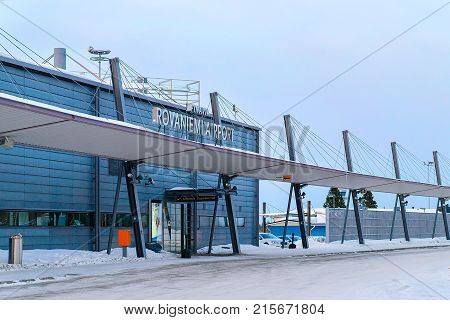 March 5 2017 - Rovaniemi Finland: Entrance into arrival hall of Rovaniemi airport in winter