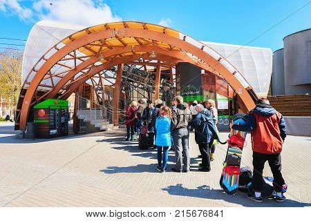 Druskininkai Lithuania - May 1 2017: Tourists standing in line at the booking office before entering cable car