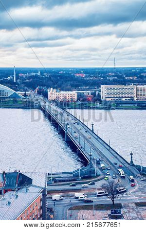October bridge over Daugava River in Riga Latvia in winter
