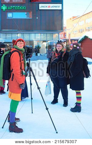 People At Lgbt Parade At Lordi Square In Winter Rovaniemi