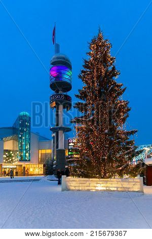 Lordi Square With People In Winter Rovaniemi At Night