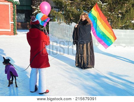 Girls With Flag At Lgbt Parade At Lordi Square Rovaniemi