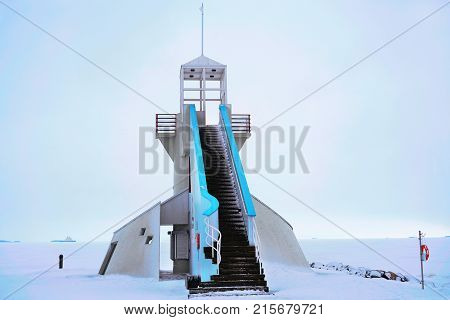 Lighthouse With Steps At Baltic Sea In Winter Oulu