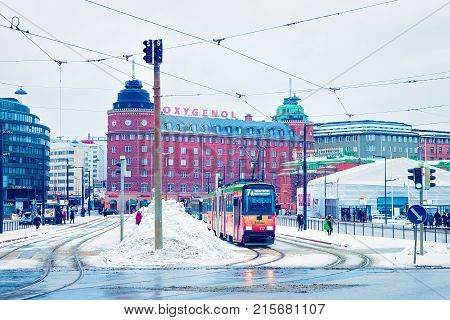 Running Tram On Street Of Helsinki