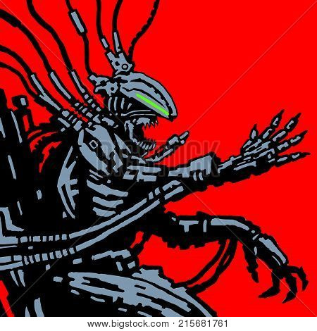 Robot alien astronaut sits and manages spaceship. Science fiction original character. Vector illustration.