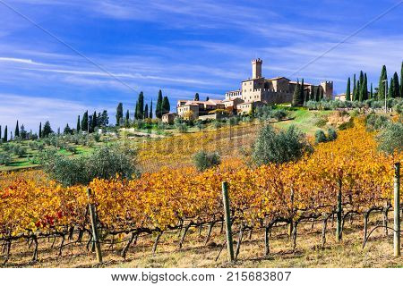 Vineyards and castles of Tuscany in autumn colors. Castello Banfi. Italy
