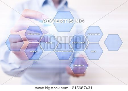 Avertising, marketing strategy. Icons and graphs on virtual screen. Business, internet and technology concept.