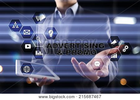Avertising, marketing strategy. Icons and graphs on virtual screen. Business, internet and technology concept.