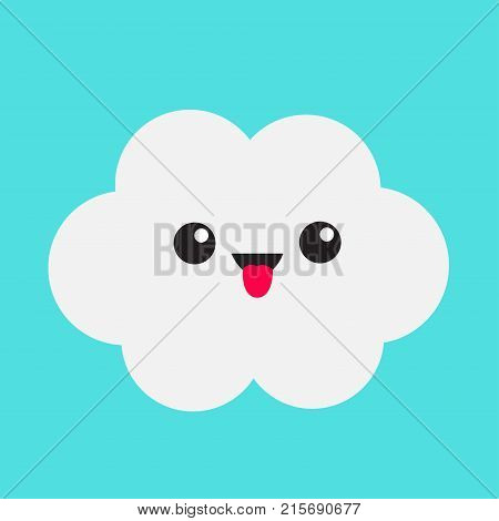 Cute cartoon kawaii white gray cloud. Showing tongue emotion. Eyes and mouth. Isolated. Blue sky background. Baby funny character emoji collection. Flat design. Vector illustration