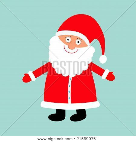 Santa Claus wearing red hat costume big beard. Cute cartoon kawaii funny character with open hand. Merry Christmas. Blue background. Isolated. Greeting card. Vector illustration