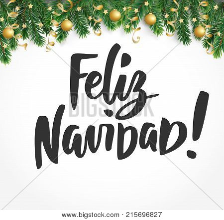 Feliz Navidad text, hand drawn lettering. Merry Christmas spanish quote. Winter background, border. Fir tree branches and baubles. For Christmas and New year cards, gift tags, labels, banners.