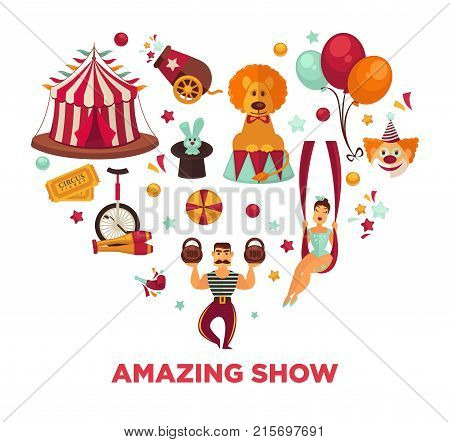 Amazing show at famous great circus promo poster. Traditional big striped tent, equipment for complicated tricks, male and female performers in scenic costumes vector illustrations in heart shape.