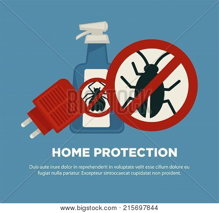 Home protection means against harmful insects promotional poster with spray bottle of chemicals, special electric tool and big emblem with crossed bug silhouette cartoon flat vector illustrations.