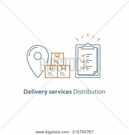 Supply chain, order delivery, distribution warehouse, global shipping service, logistics company, send parcel, receive box, pick up point, insurance clipboard, checklist vector line icon thin stroke