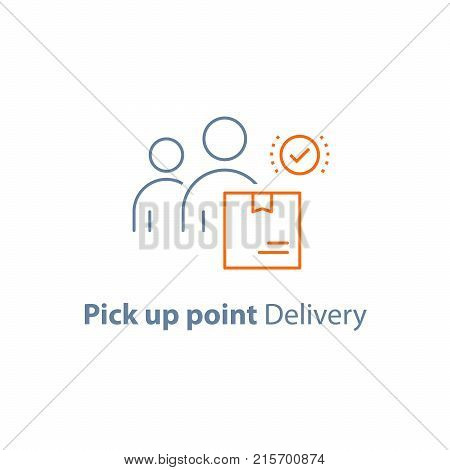 Pick up point, receive order box, collect parcel, delivery service, package shipment, vector line icon, thin stroke