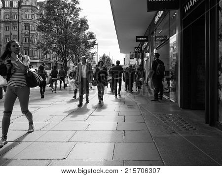 People In Oxford Street In London Black And White