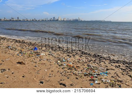 Mumbai India - October 12, 2017: Rubbish Scattered In Chowpatty Beach Mumbai.