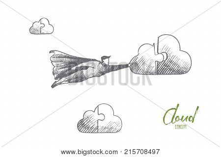 Cleaning service concept. Hand drawn superhero connect to cloud. Flying hero holds part of cloud in his hand isolated vector illustration.