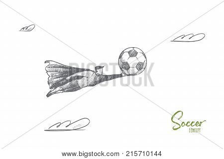 Soccer concept. Hand drawn superhero with soccer ball in his hand. Flying hero holds symbol of football game isolated vector illustration.