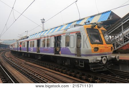 Mumbai India - October 14, 2017: Unidentified People Travel By City Train At Dadar Station Mumbai.