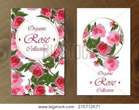 Postcard with roses on wooden background. Wedding or holiday invitation. Floral collection