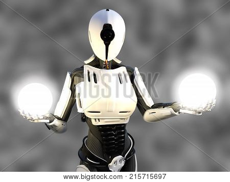 3D rendering of a female android robot holding two glowing spheres of energy or light in her hands against a gray background.