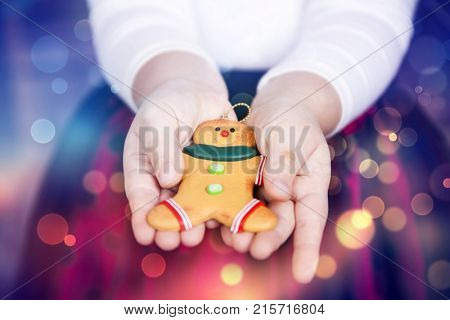 Little girl with beautiful Christmas dress holding gingerbred cookie - Christmas concept