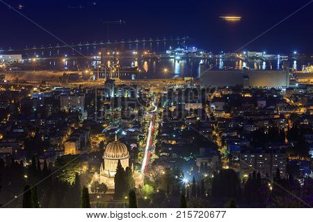 The Golden Dome Of The Bahai Temple In Haifa Illuminated By Night Lights. Israel.