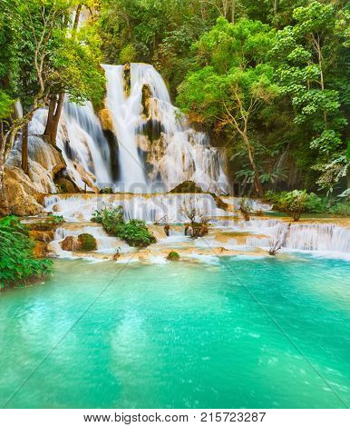 Tat Kuang Si Waterfalls. Beautiful landscape. Luang Prabang. Laos.