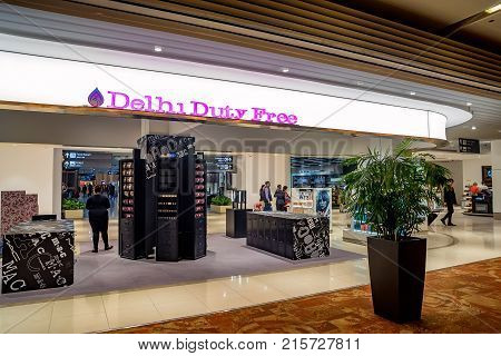 DELHI, INDIA - CIRCA NOVEMBER 2017: Duty free shop at Indira Gandhi International Airport. There are many items for shopping without taxes.