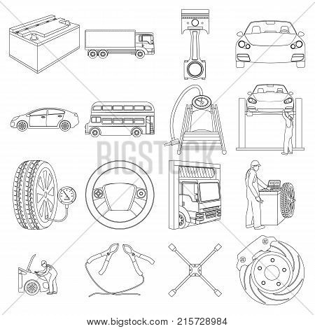 Car, lift, pump and other equipment outline icons in set collection for design. Car maintenance station vector symbol stock illustration .