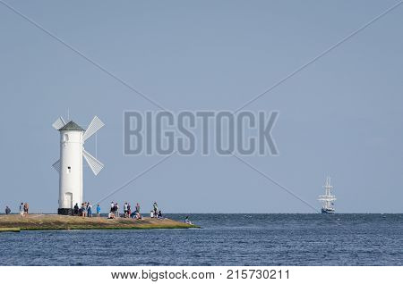 SUMMER SEASCAPE - Stawa Mills, holidaymakers and sailing ship on the horizon