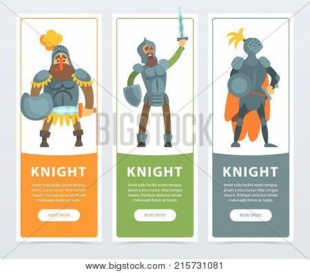 Set of three colorful banners with knights in full armor with swords and shields in hands. Cartoon noble man characters. Warriors ready to fight. Flat vector illustration for card, poster or website.