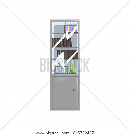 Storage with different science literature books, test tubes and flasks with liquids on shelves. Cabinet with glass doors. Laboratory furniture. Flat vector illustration isolated on white background.