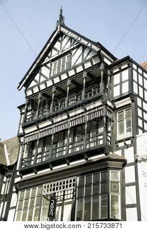 Chester, UK, April, 5 2009 : Medieval building architecture at Eastgate Street in the centre of the city