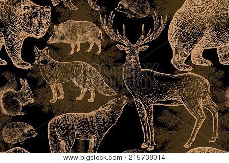 Forest animals and trees seamless pattern. Squirrel deer bear wolf fox hedgehog wild boar and spruce. Hand drawing. Gold and black. Vintage engraving background. Vector illustration art.