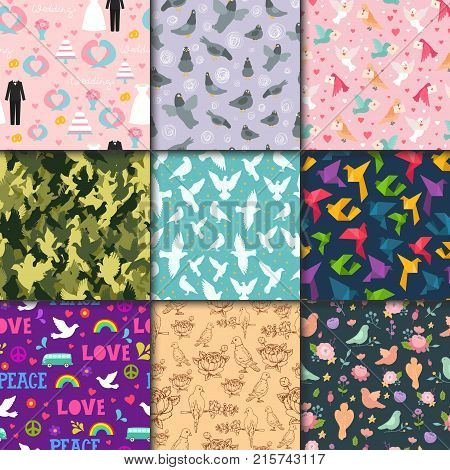 Dove birds vector seamless pattern different style birdie illustration of cartoon flying dovey animal silhouette dovecote background.. Beautiful wildlife purity sky love free design.