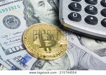 Bitcoin golden coin New virtual money and dollar background . Cryptocurrency. Business and Trading concept.