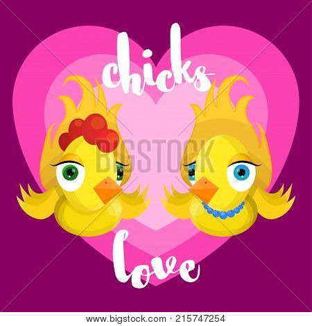 Couple of chicks love each other with heart on background