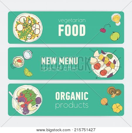 Set of bright colored horizontal banner templates with vegan products and meals lying on plates hand drawn on green background. Special offers and deals. Vector illustration for veggie restaurant ad