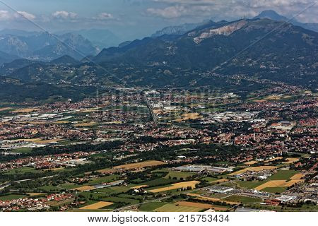 Aerial view to foothills of Bergamasque Alps near Bergamo, Italy