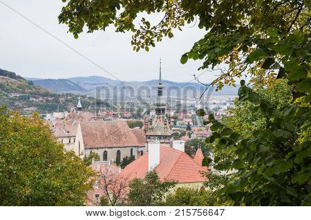 Sighisoara Romania October 08 2017 : View of the old town from the mountain on which the Church of the Deal (St. Nicholas) is located.. Sighisoara city in Romania