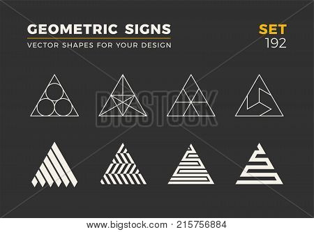 Set of eight minimalistic trendy shapes. Stylish vector logo emblems for Your design. Simple universal geometric signs collection.