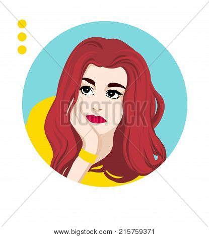 A pretty women looking worriedly. Pretty young girl with long red hair thinking about something. Cute girl face portrait. Feelings.