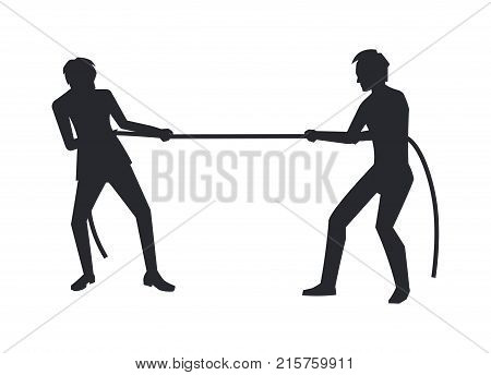 Closeup of men competition black silhouettes, two business pulling rope, symbol of gaining power and leadership vector illustration isolated on white