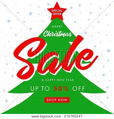 Calligraphy Christmas Sale and Happy New Year, spruce tree banner. Merry Christmas sale banner with text special offer Sale 50% off and green peen tree on white vector background