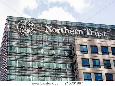 LONDON, UK - JANUARY 30, 2016: Logo or sign for Northern Trust bank on side of office building in Canary Wharf, Docklands, London, England