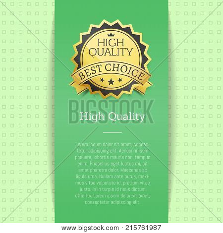 High quality award best choice vector illustration banner with text on green background with squares and golden promo label with three stars