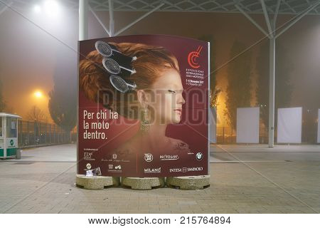 MILAN, ITALY - NOVEMBER 11, 2017: advertisement at the EICMA 2017. EICMA is an annual trade show in Milan, Italy featuring motorcycles.